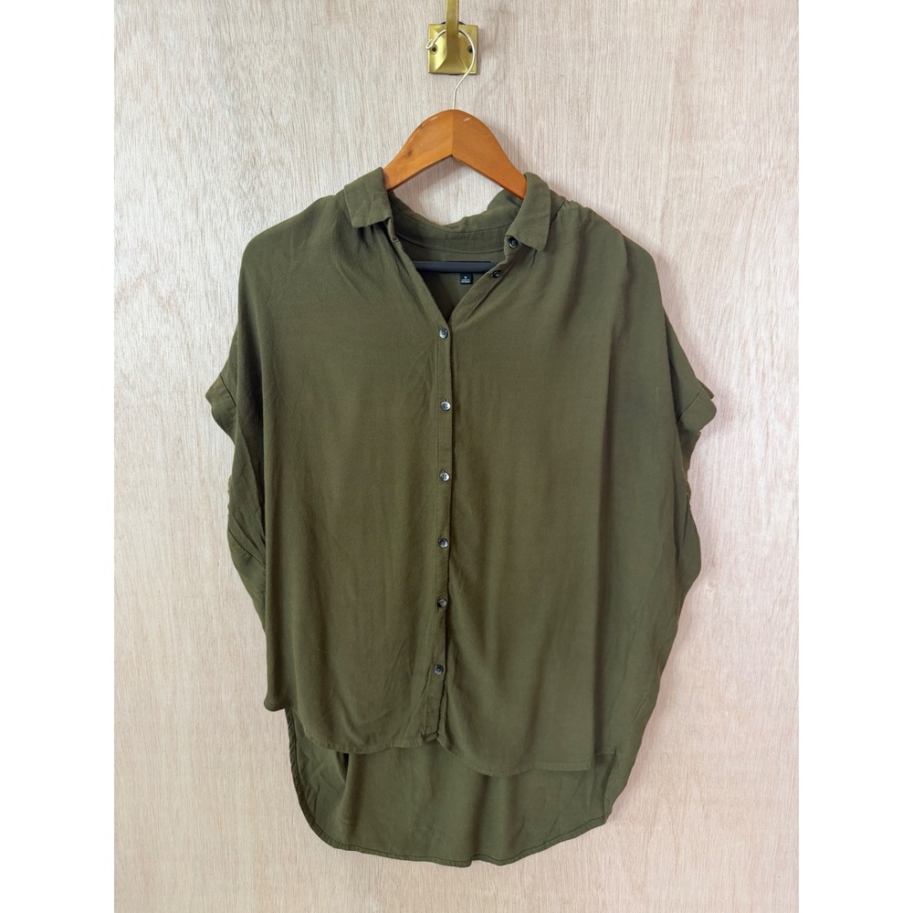 Madewell Central Shirt Olive Green Short Sleeve Button Down High Low Hem Medium